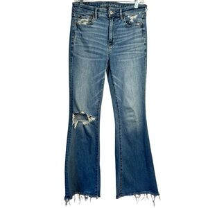 AMERICAN EAGLE Super High Rise Flare Distressed Jeans Size 6 Raw Hem